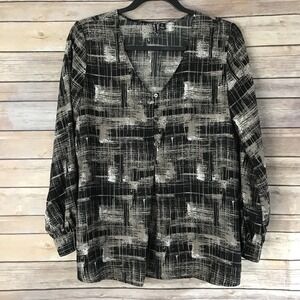 Valette Top Women XS Black Blouse V-Neck Relaxed Fit Buttons Pleated Long Sleeve